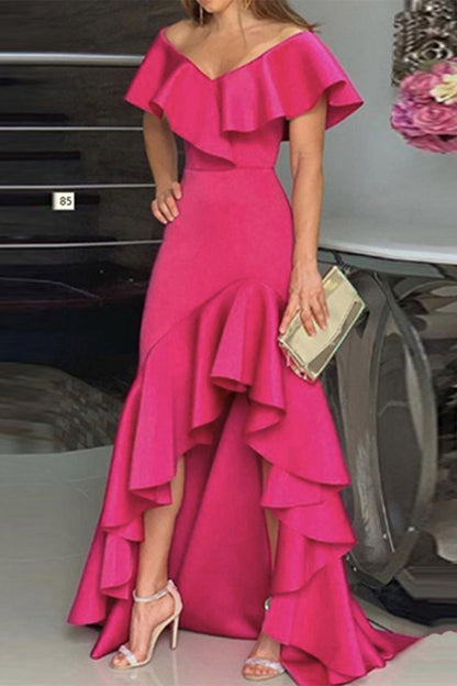 Elegante vestido irregular con escote en V y volantes lisos (5 colores)