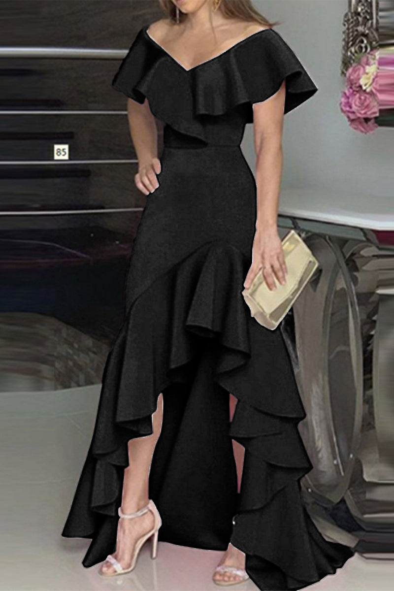 Elegante vestido irregular con escote en V y volantes lisos (5 colores)