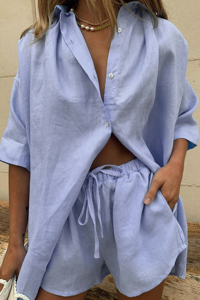 Conjunto de dos piezas de moda informal con cuello vuelto, manga corta y parches sólidos