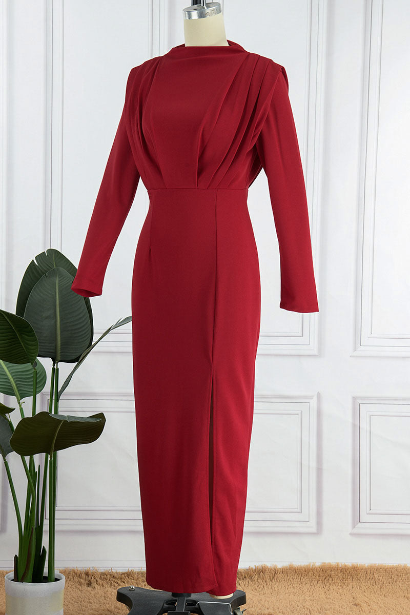 Elegante vestido recto con cuello redondo, abertura y espalda descubierta, de patchwork liso (3 colores)