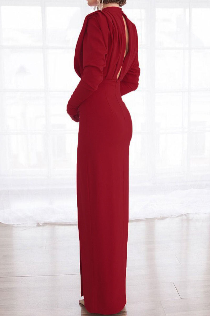 Elegante vestido recto con cuello redondo, abertura y espalda descubierta, de patchwork liso (3 colores)
