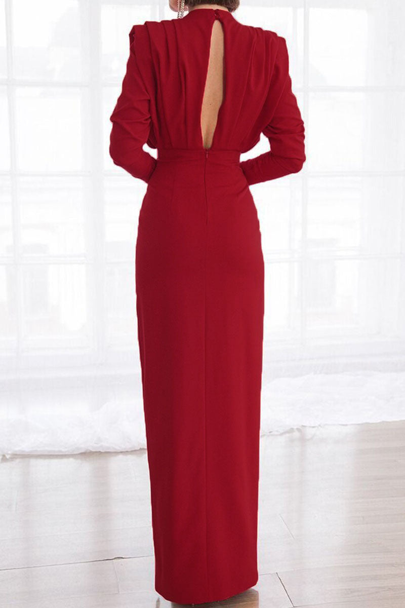 Elegante vestido recto con cuello redondo, abertura y espalda descubierta, de patchwork liso (3 colores)