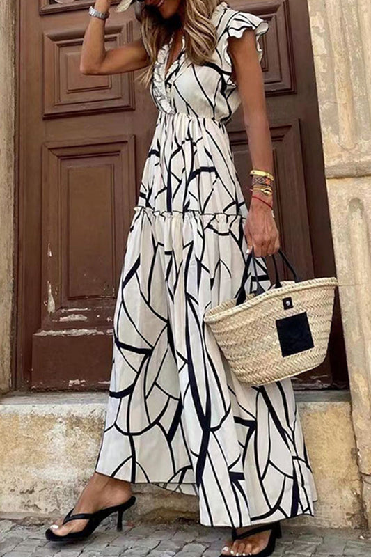 Vestido irregular con cuello en V y orillo de fibra con estampado geométrico urbano