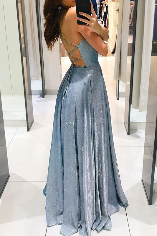 Vestidos de princesa elegantes con escote en V y espalda descubierta de color liso de celebridades