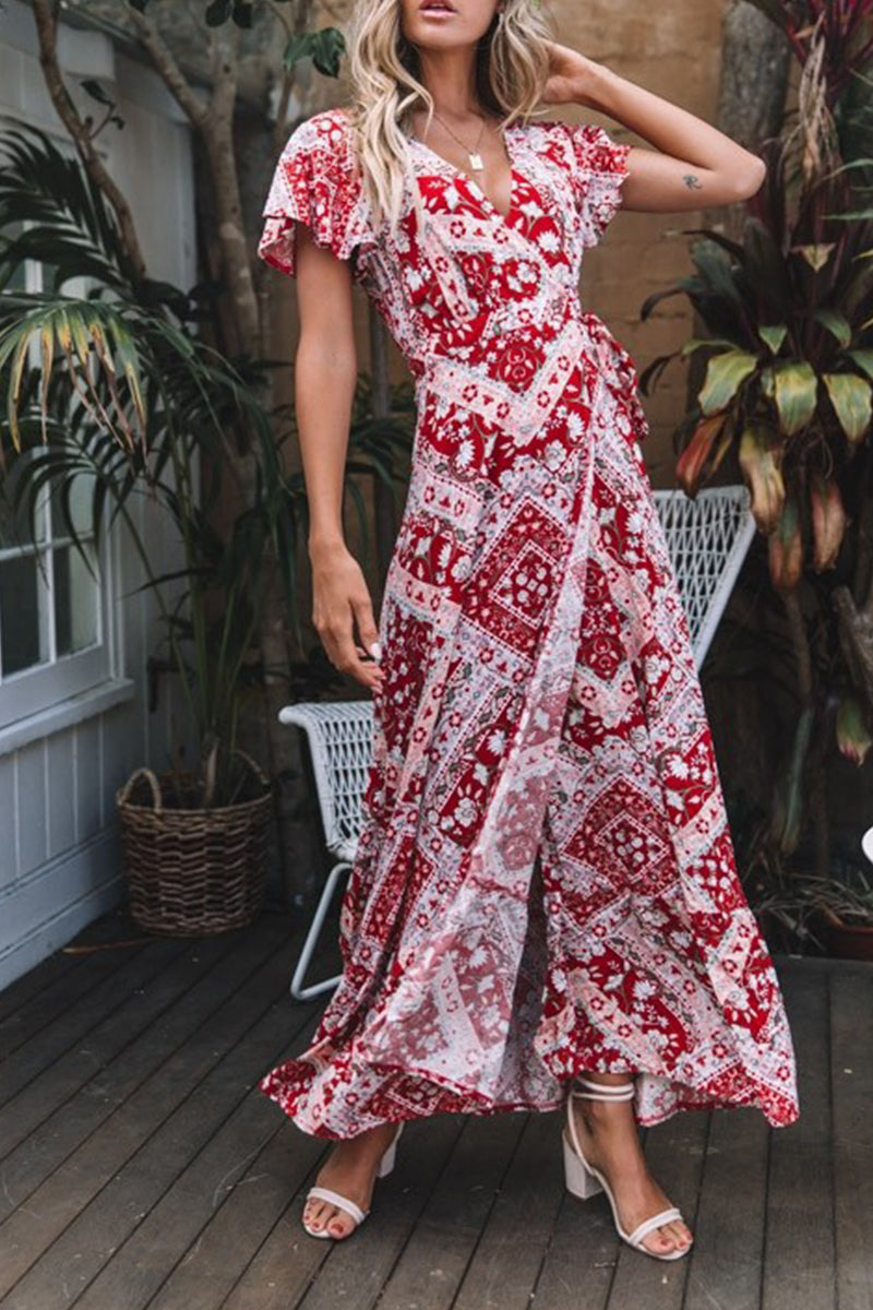 Sexy Elegant Print V Neck A Line Dresses(10 Colors)