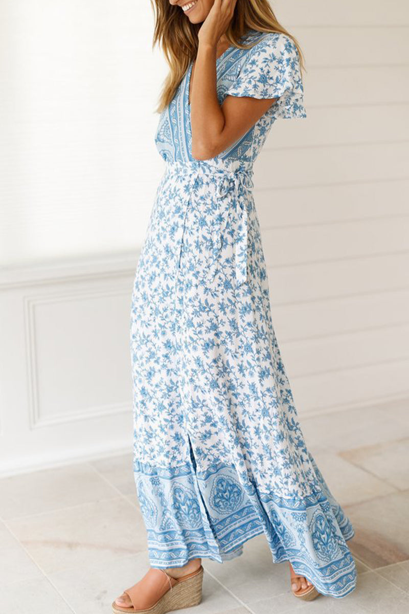 Sexy Elegant Print V Neck A Line Dresses(10 Colors)