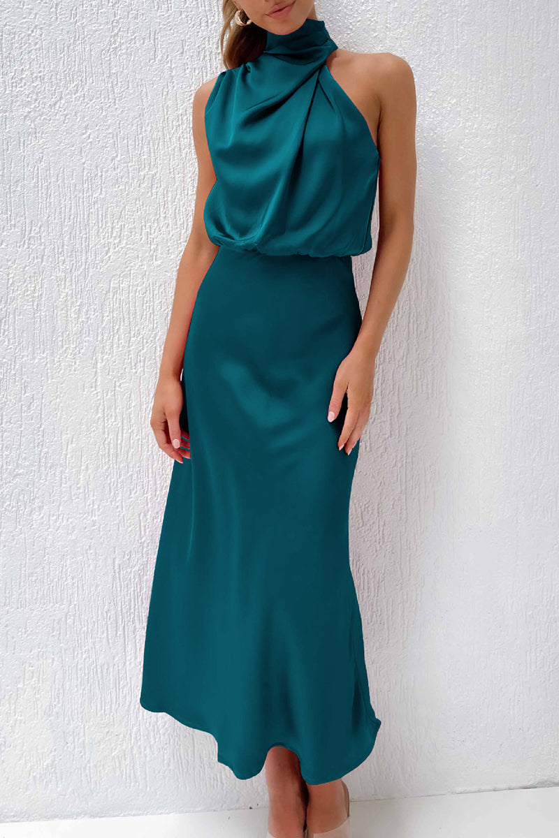 Vestidos de celebridades con cuello alto, línea A, sencillos y sólidos con cremallera (6 colores)