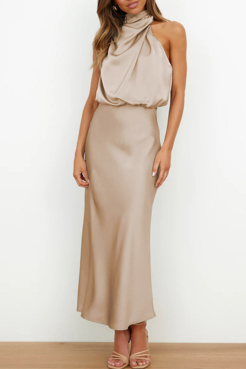 Vestidos de celebridades con cuello alto, línea A, sencillos y sólidos con cremallera (6 colores)