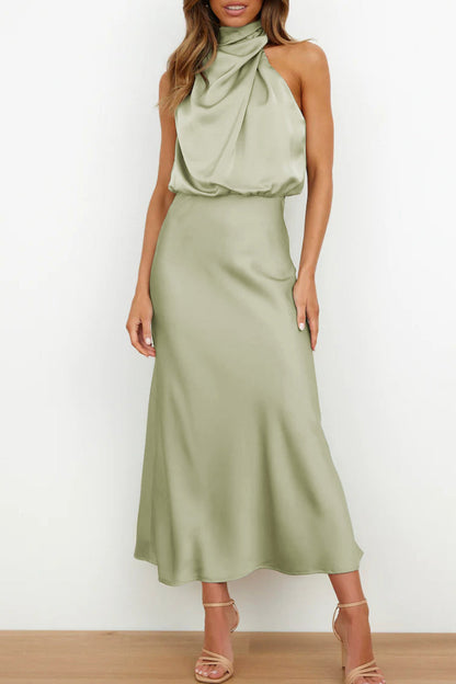 Vestidos de celebridades con cuello alto, línea A, sencillos y sólidos con cremallera (6 colores)