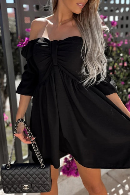 Elegante vestido de corte A, sencillo, liso, con lazo y hombros descubiertos (4 colores)