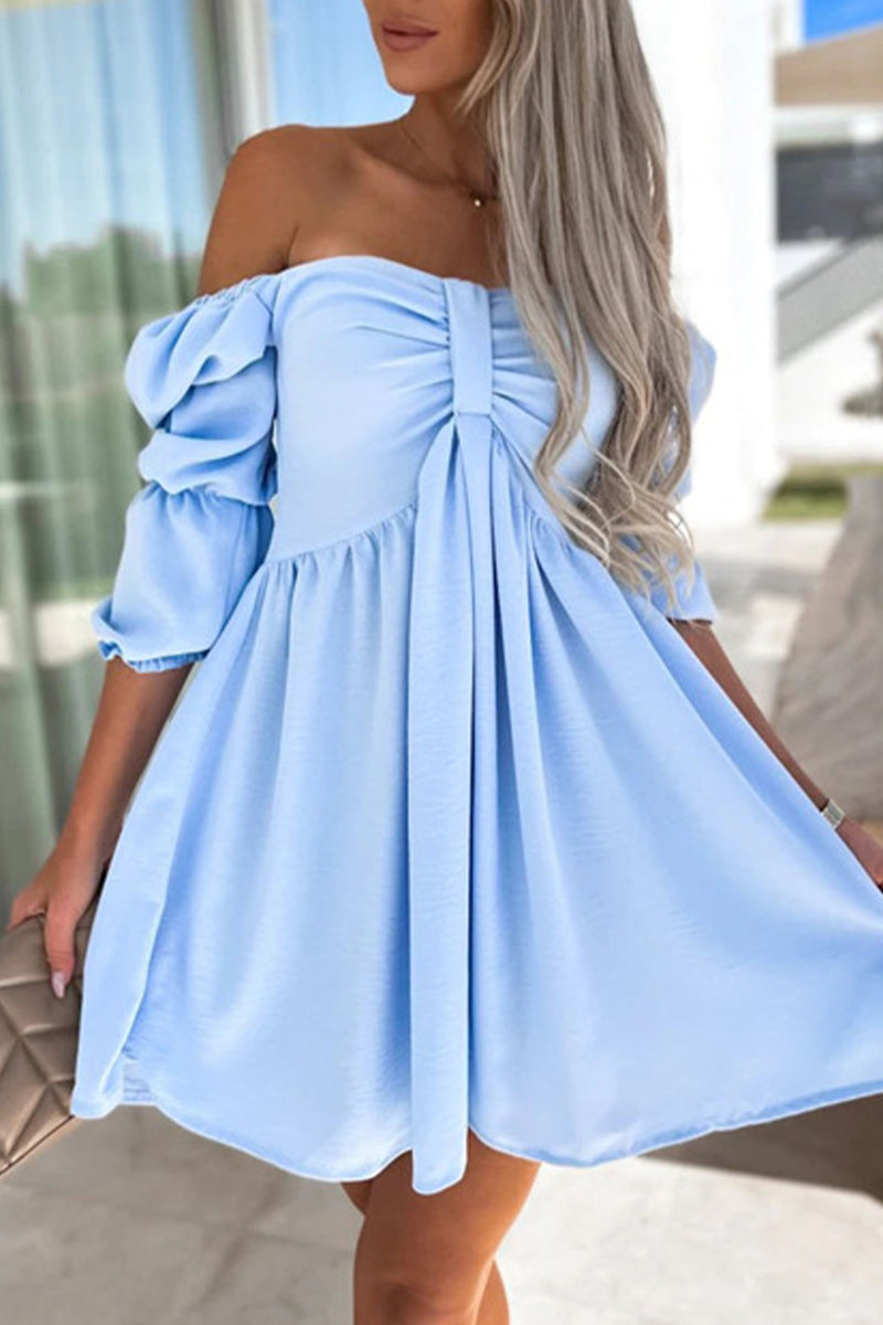 Elegante vestido de corte A, sencillo, liso, con lazo y hombros descubiertos (4 colores)