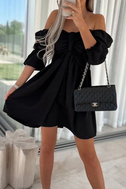 Elegante vestido de corte A, sencillo, liso, con lazo y hombros descubiertos (4 colores)