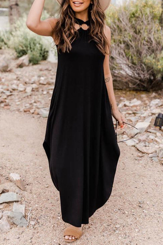 Vestidos casuales sencillos con cuello halter y bolsillos lisos