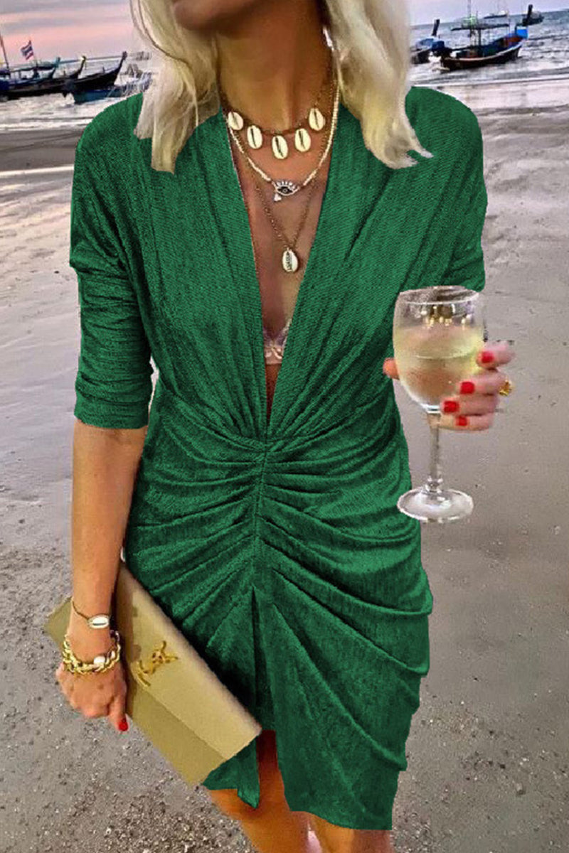 Vestidos elegantes de celebridades con escote en V, línea A y pliegues lisos (4 colores)