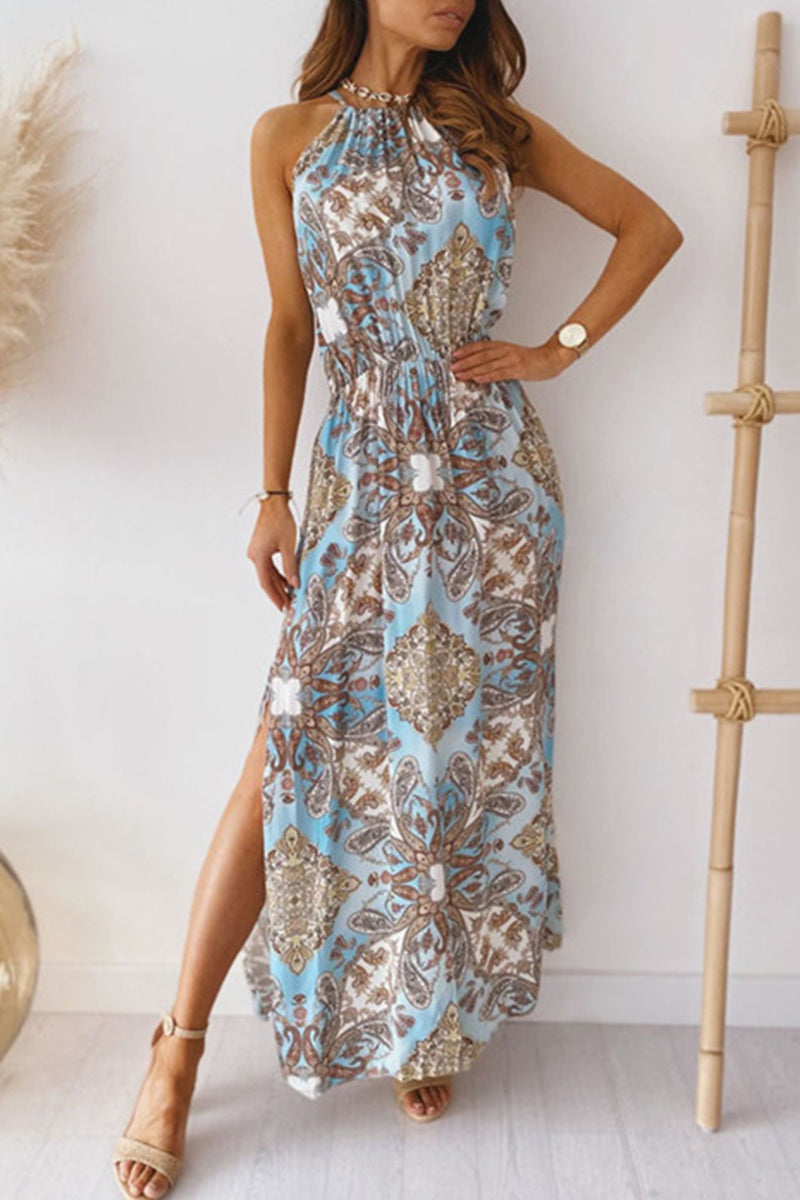 Vestidos vintage elegantes con cuello halter y estampado de línea A