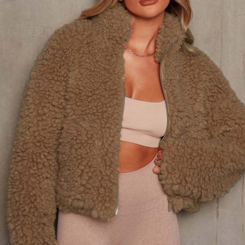 Prendas de abrigo básicas informales con cuello y cremallera de patchwork liso