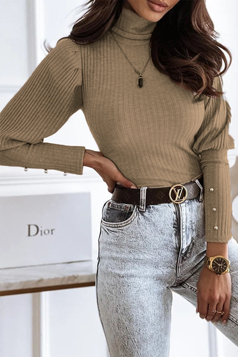 Tops casuales de cuello alto con hebilla sólida y pliegues (3 colores)