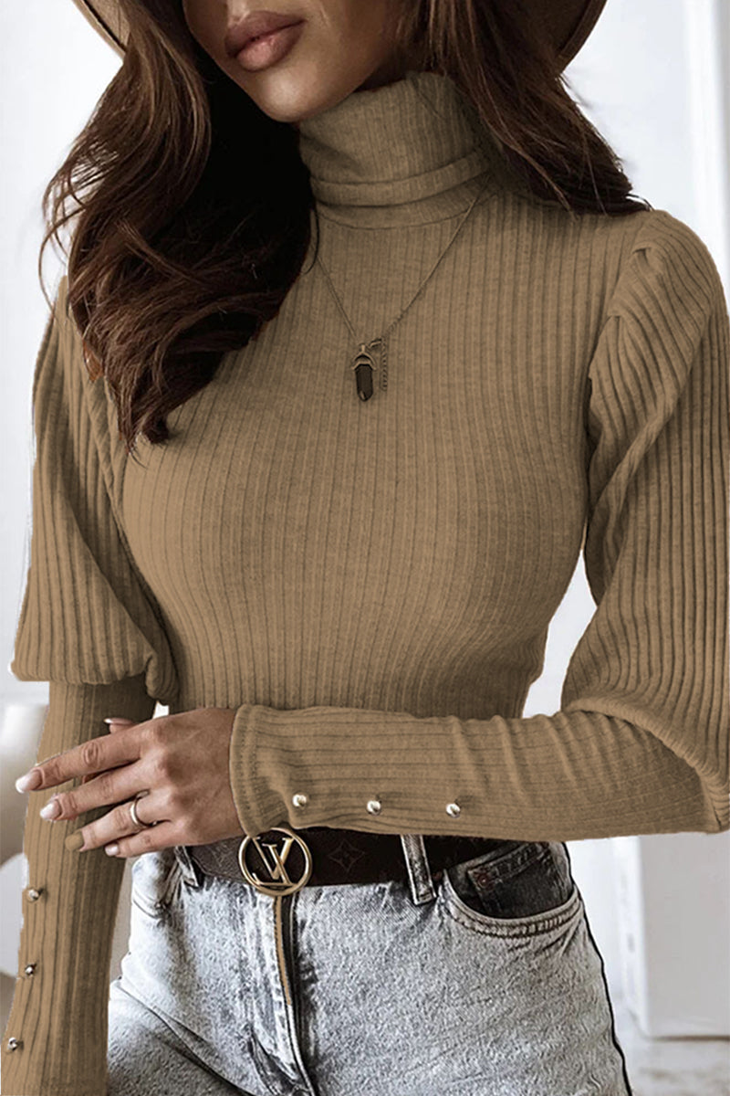 Tops casuales de cuello alto con hebilla sólida y pliegues (3 colores)
