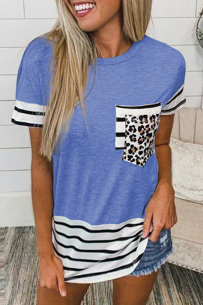 Camisetas casuales de rayas con estampado de leopardo y bolsillos (10 colores)