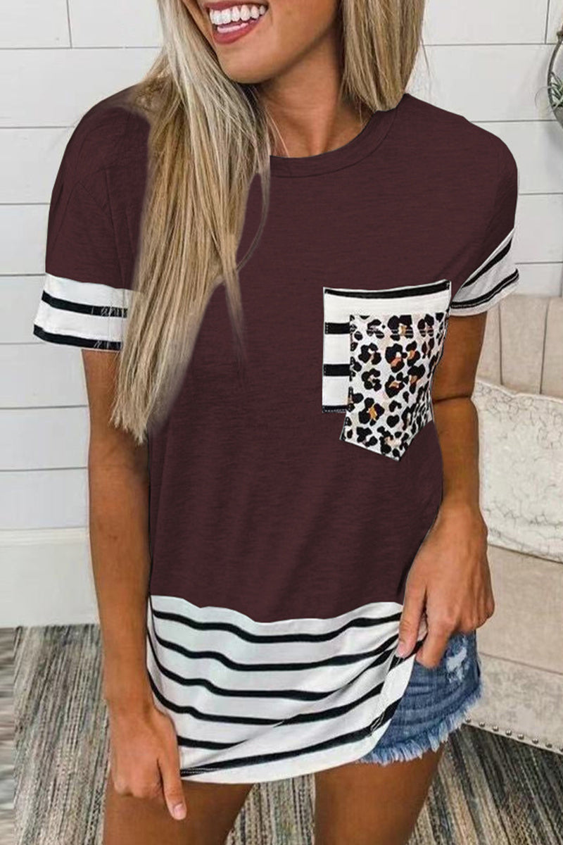 Camisetas casuales de rayas con estampado de leopardo y bolsillos (10 colores)
