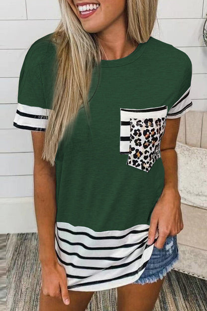 Camisetas casuales de rayas con estampado de leopardo y bolsillos (10 colores)