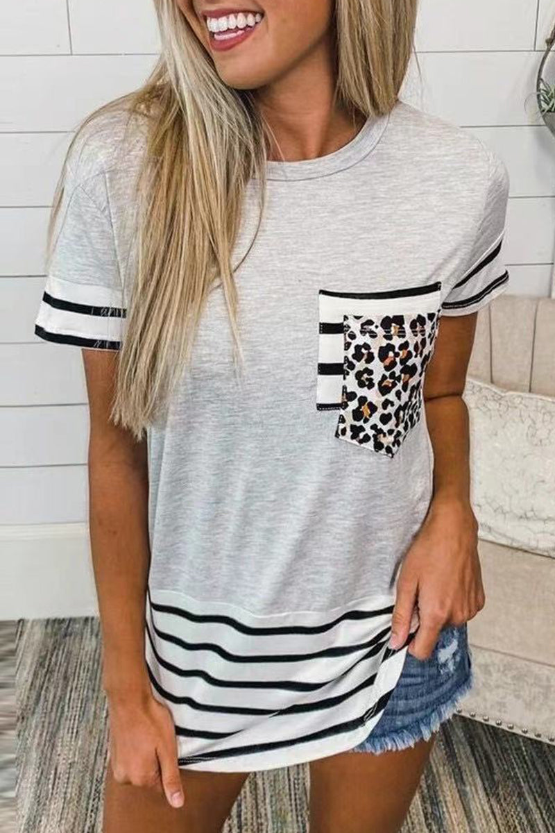 Camisetas casuales de rayas con estampado de leopardo y bolsillos (10 colores)