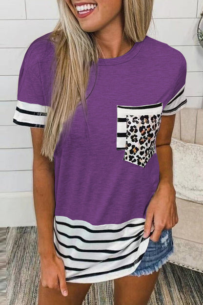 Camisetas casuales de rayas con estampado de leopardo y bolsillos (10 colores)