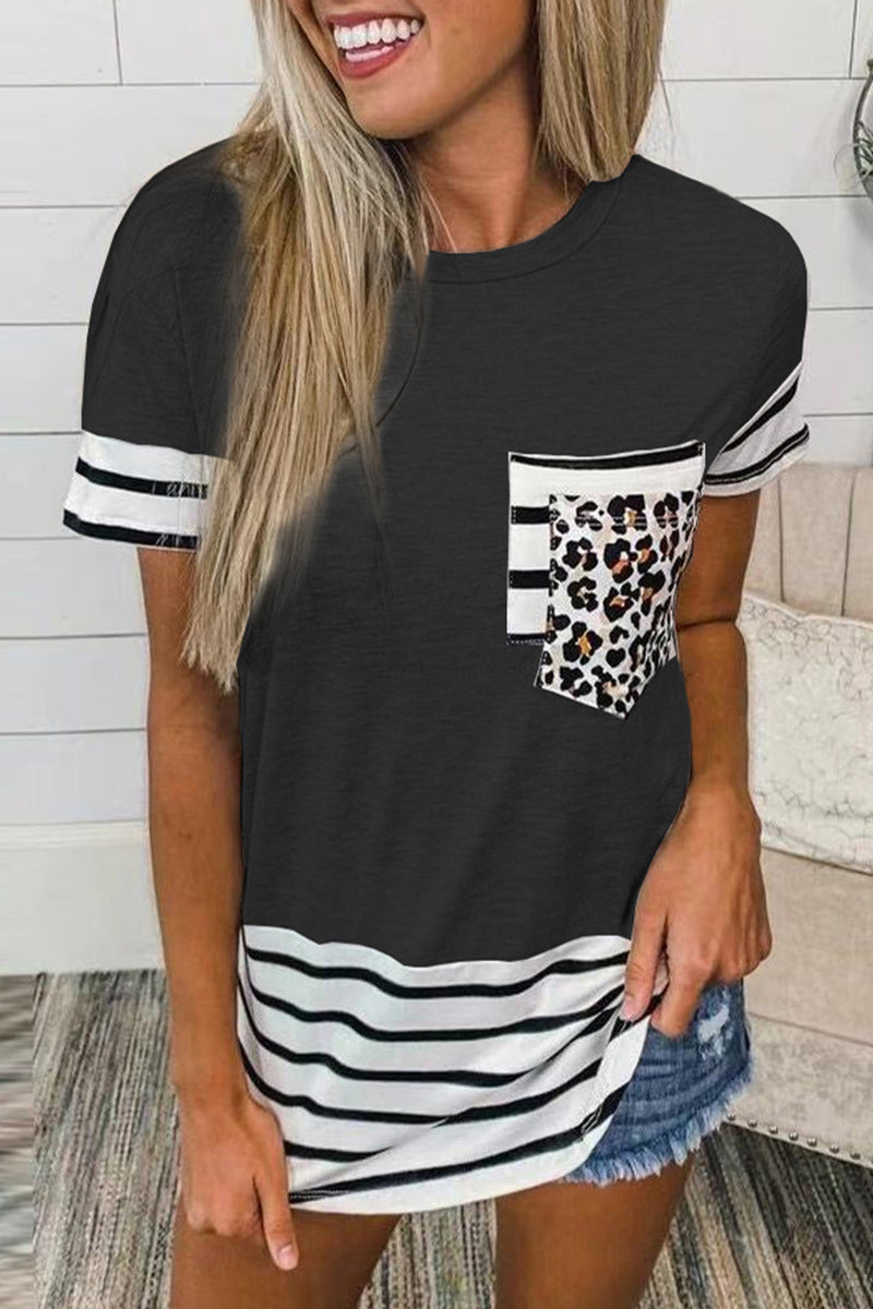 Camisetas casuales de rayas con estampado de leopardo y bolsillos (10 colores)
