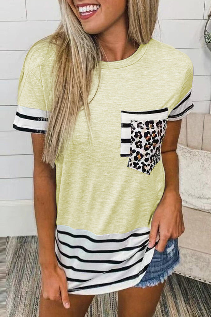Camisetas casuales de rayas con estampado de leopardo y bolsillos (10 colores)