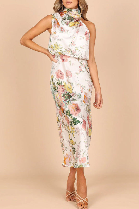 Vestidos elegantes de celebridades con patchwork floral y corte A con cuello halter