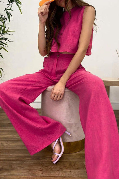 Conjunto informal de dos piezas sin mangas con cuello redondo y parches sólidos