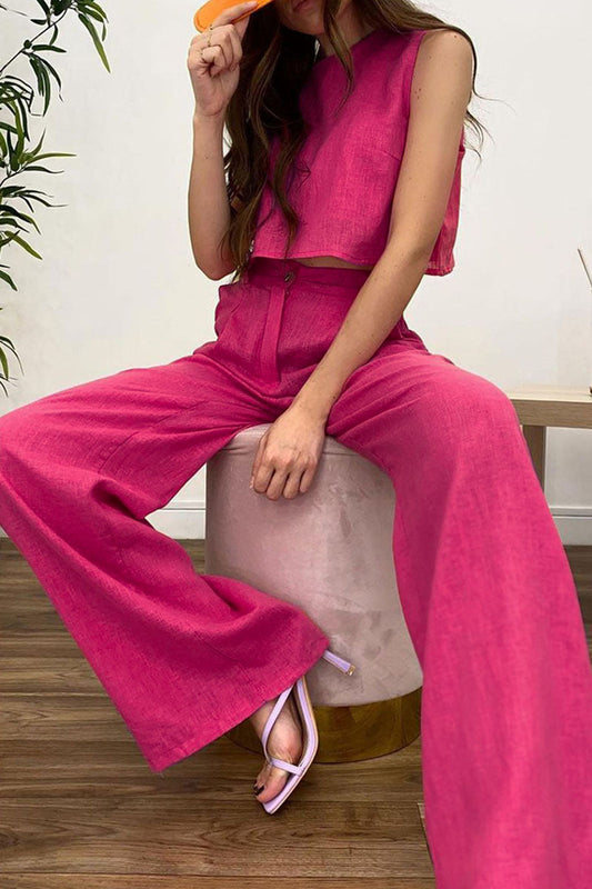 Conjunto informal de dos piezas sin mangas con cuello redondo y parches sólidos
