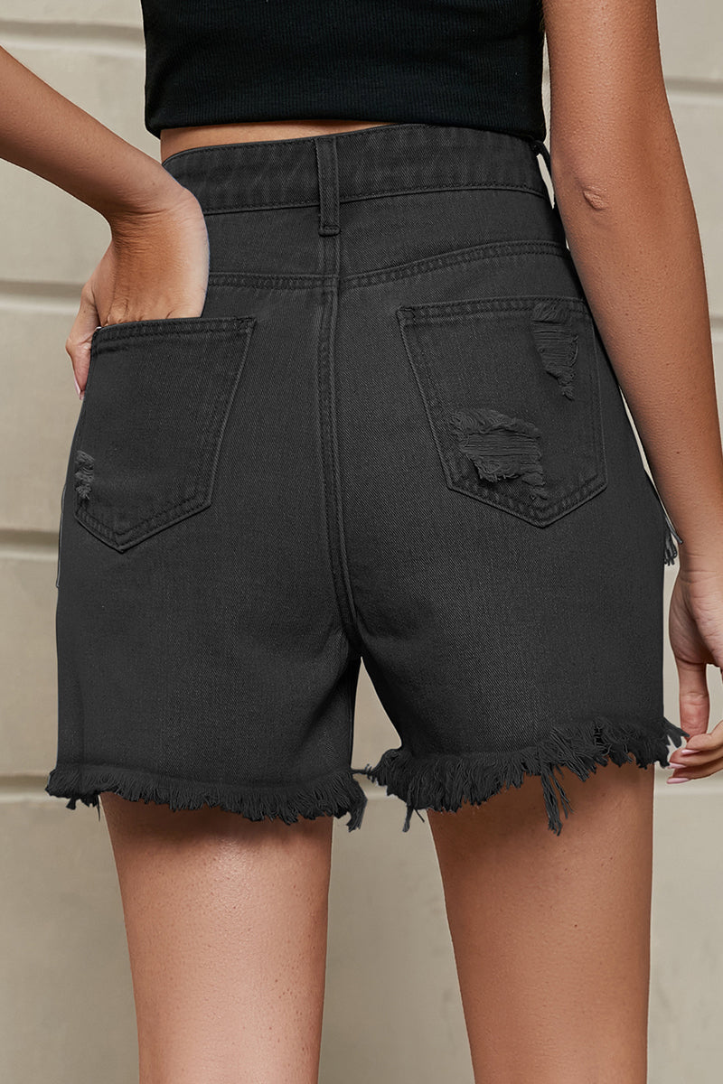 Shorts vaqueros rectos, rasgados y con borlas lisas de estilo informal y sencillo