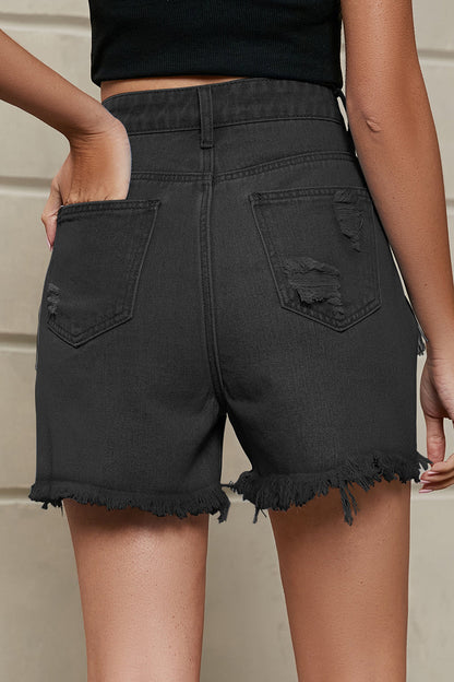 Shorts vaqueros rectos, rasgados y con borlas lisas de estilo informal y sencillo