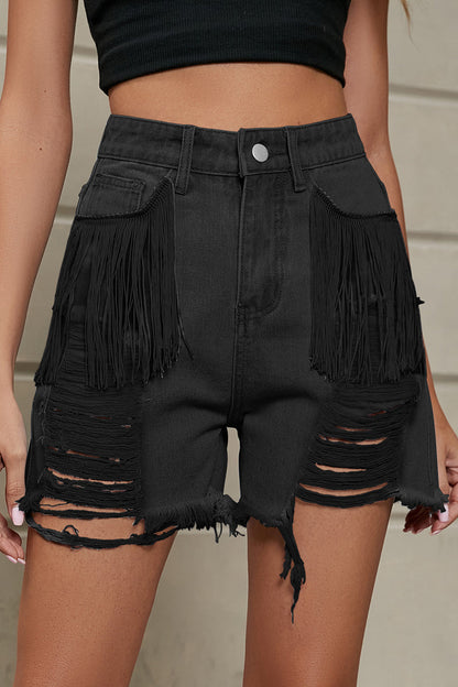 Shorts vaqueros rectos, rasgados y con borlas lisas de estilo informal y sencillo
