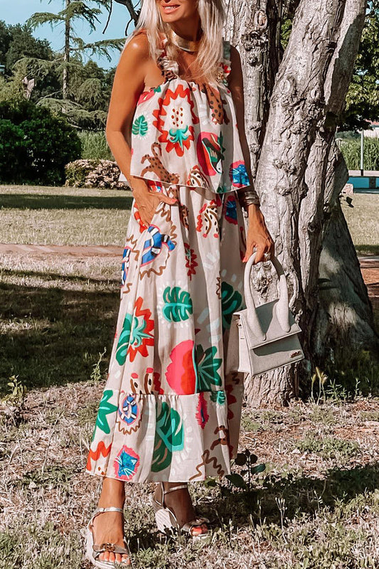 Vestido estampado bohemio elegante con cuello cuadrado y patchwork