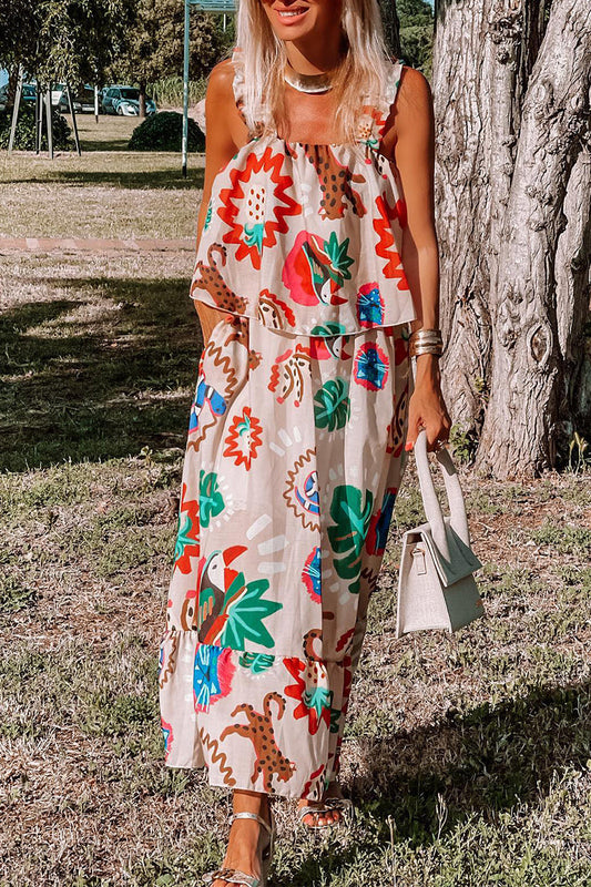 Vestido estampado bohemio elegante con cuello cuadrado y patchwork