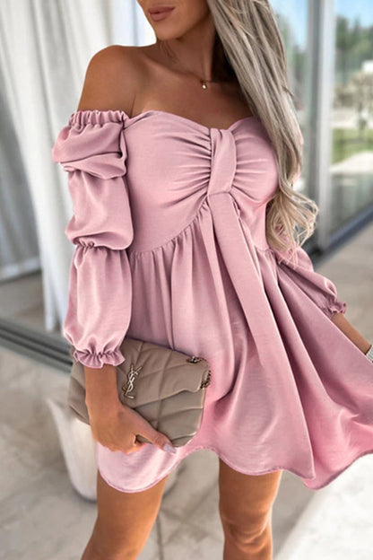 Elegante vestido de corte A, sencillo, liso, con lazo y hombros descubiertos (4 colores)
