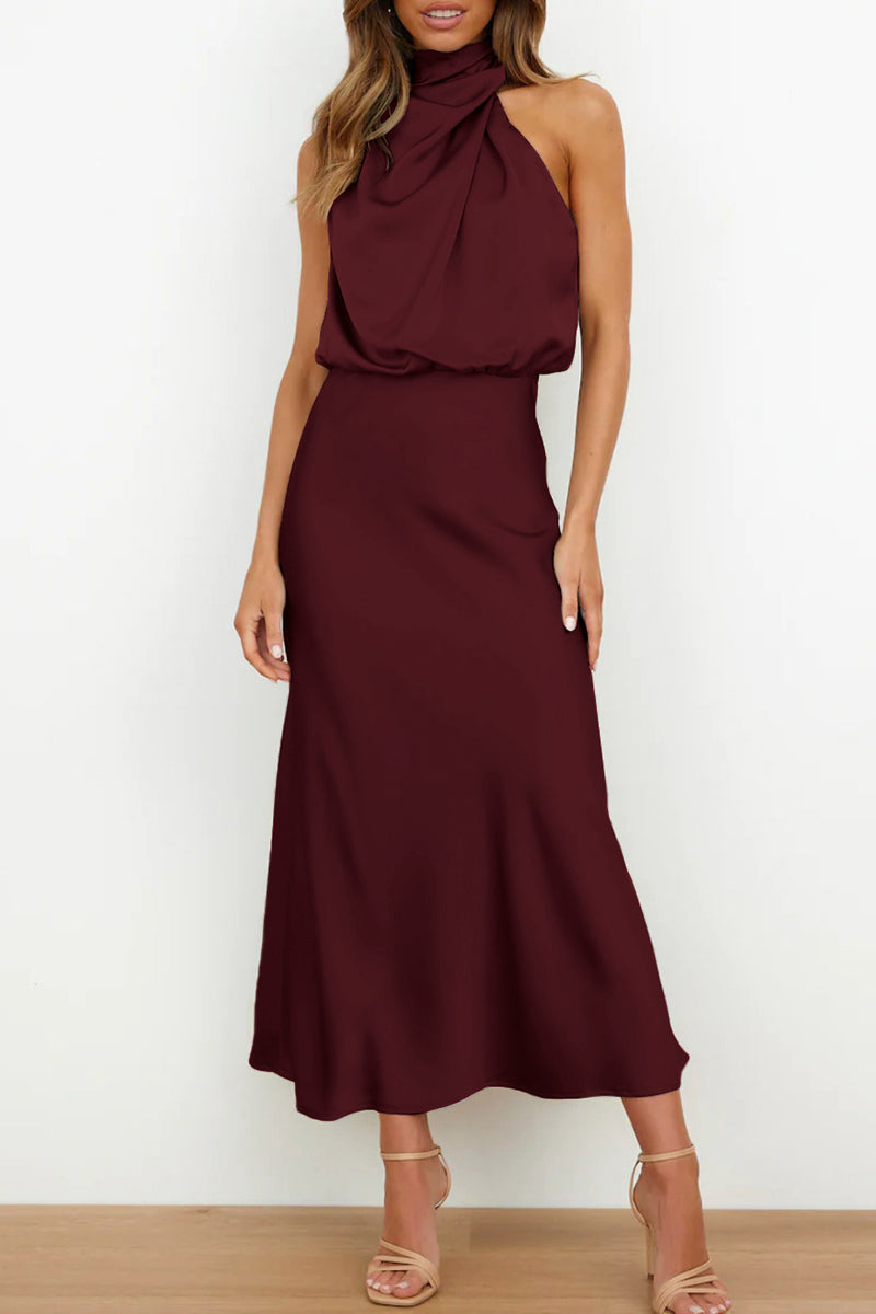 Vestidos de celebridades con cuello alto, línea A, sencillos y sólidos con cremallera (6 colores)