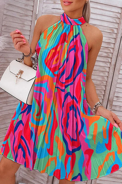 Vestidos casuales de vacaciones con estampado de patchwork, falda de un solo paso y cuello halter