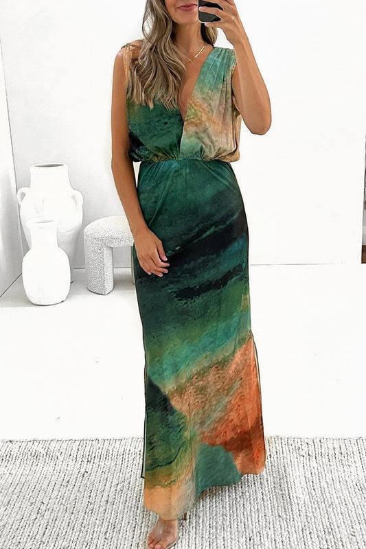 Vestidos casuales de vacaciones con efecto tie-dye, escote en V y espalda descubierta