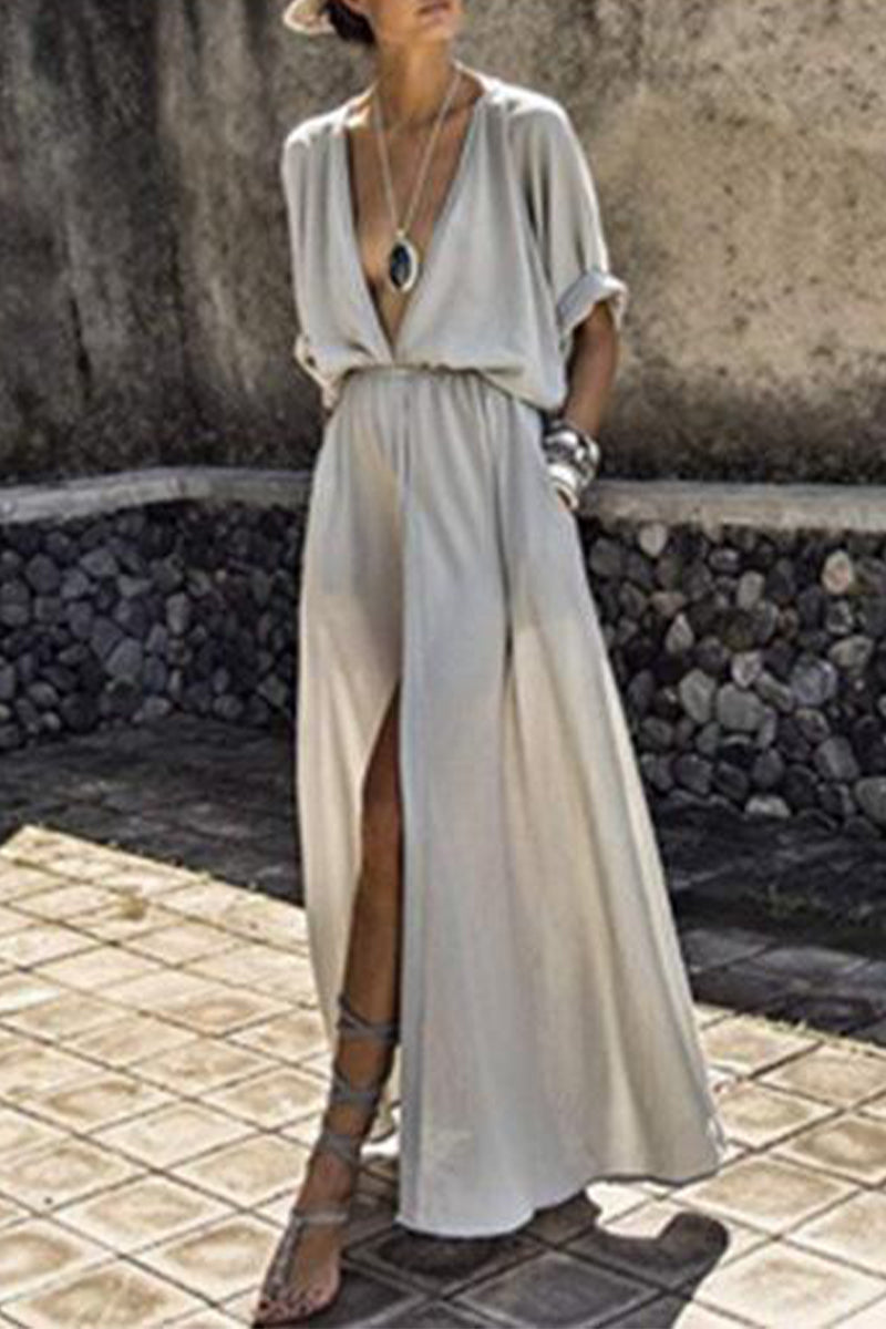 Vestidos sexys elegantes de corte A con escote en V y abertura sólida