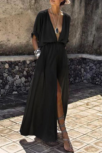 Vestidos sexys elegantes de corte A con escote en V y abertura sólida