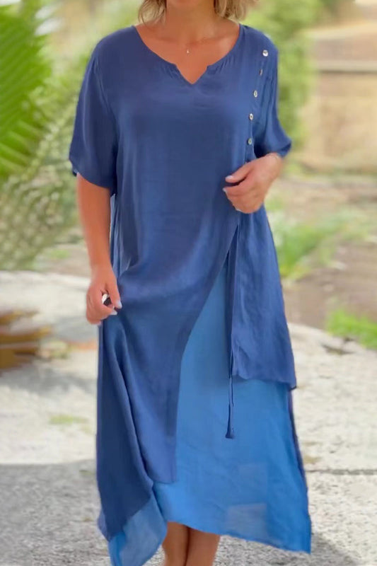 Vestido informal universitario de patchwork liso con cuello en V irregular (3 colores)