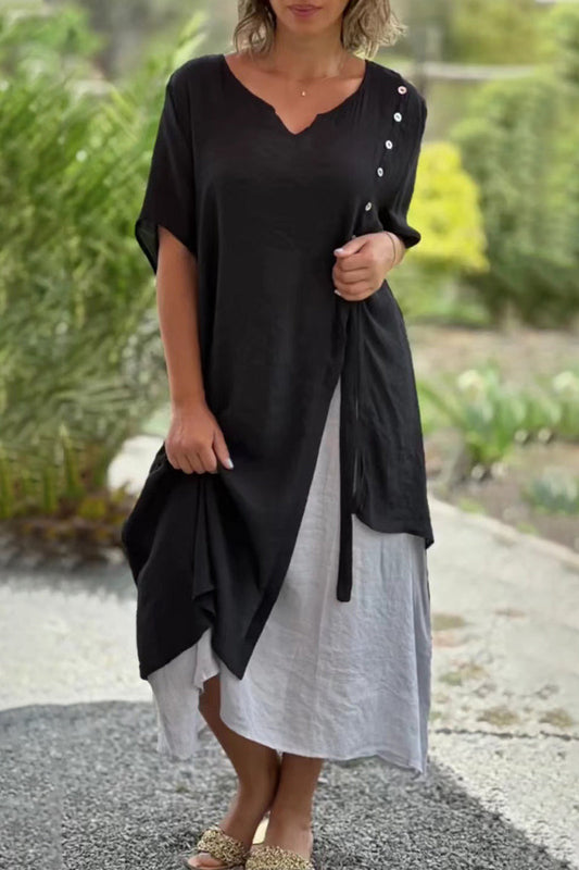 Vestido informal universitario de patchwork liso con cuello en V irregular (3 colores)