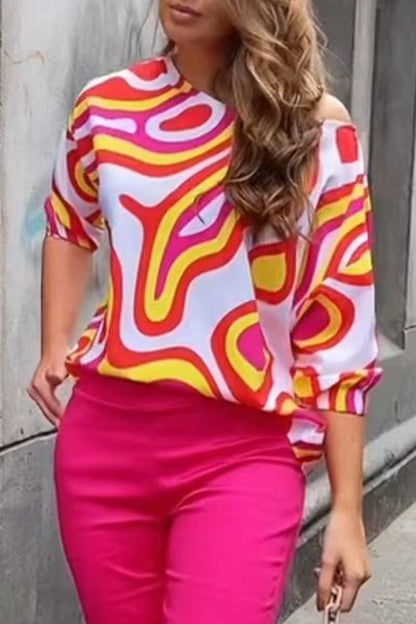Camisetas elegantes con cuello oblicuo y estampado patchwork (7 colores)