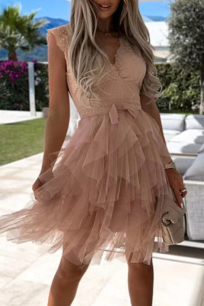 Vestido elegante de malla lisa con escote en V irregular (3 colores)