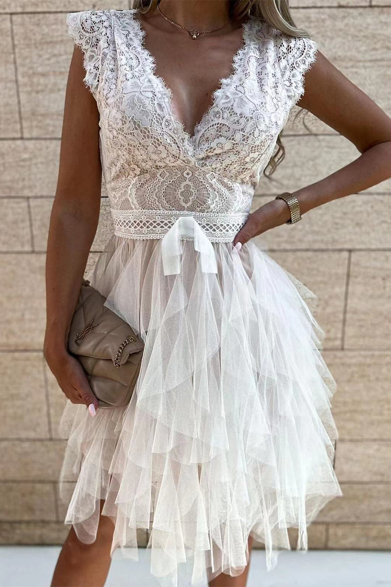 Vestido elegante de malla lisa con escote en V irregular (3 colores)