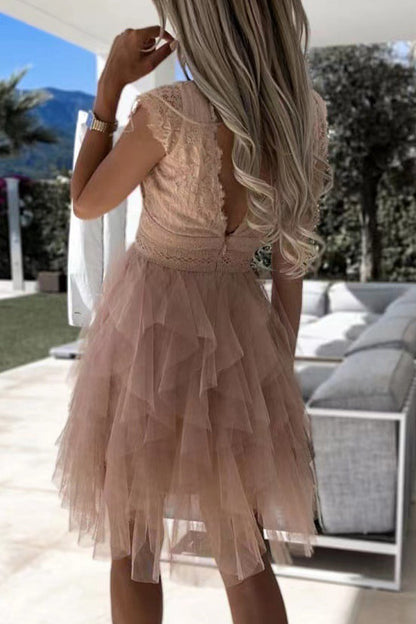 Vestido elegante de malla lisa con escote en V irregular (3 colores)