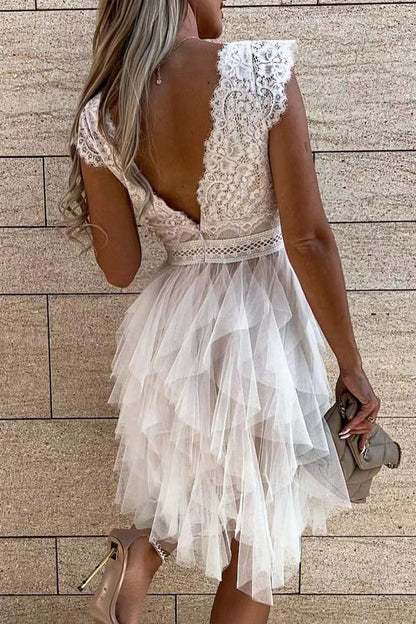 Vestido elegante de malla lisa con escote en V irregular (3 colores)